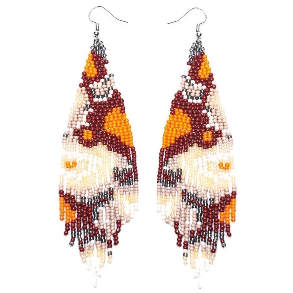 Abstract Bohemian Seed Bead Tassel Dangling Statement French Wire Hook Earrings